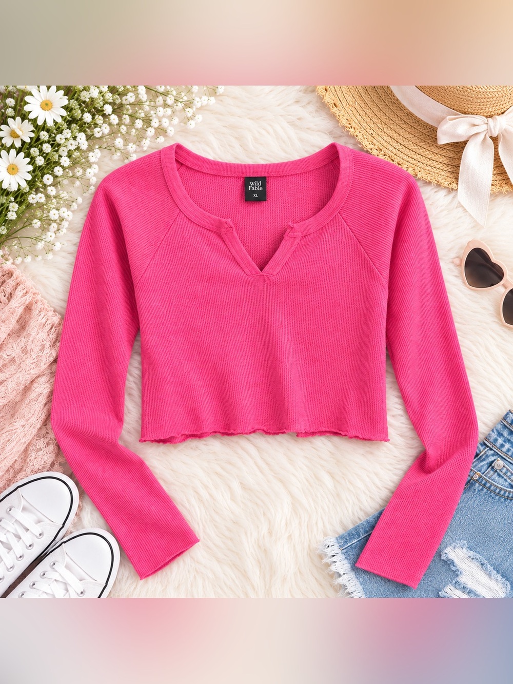 ✨ Wild Fable Hot Pink Cropped V-Notch Long Sleeve Top Size XL ✨